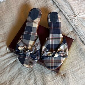 Never worn J Crew Navy Plaid Knot Slide Mules